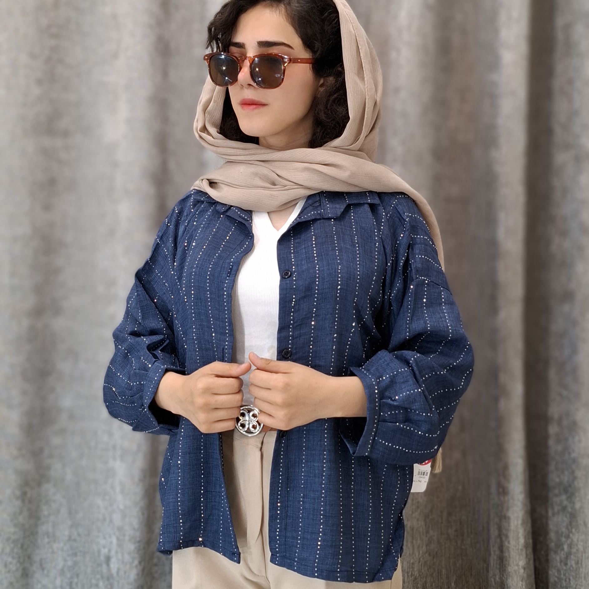ابی شومیز مجلسی نگیندار طرح آبشاری - تصویر 1