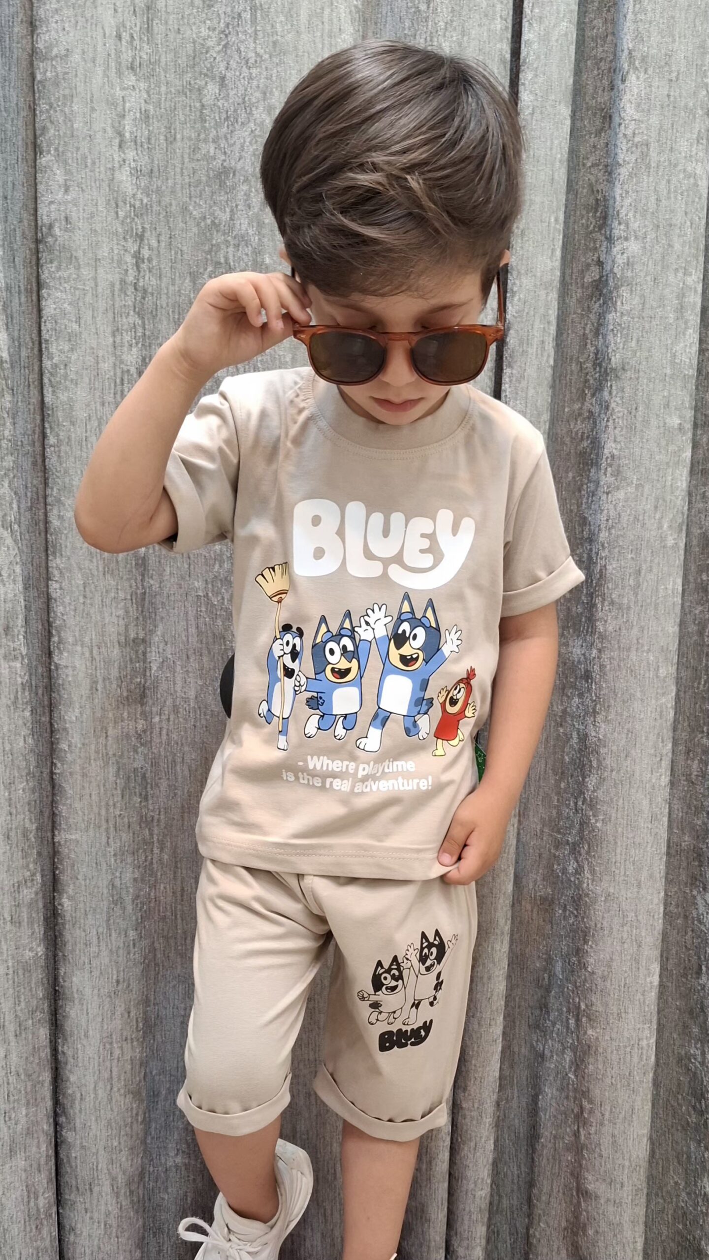 خاکی ست تیشرت و شلوارک بچگانه طرح BLUFY - تصویر 1
