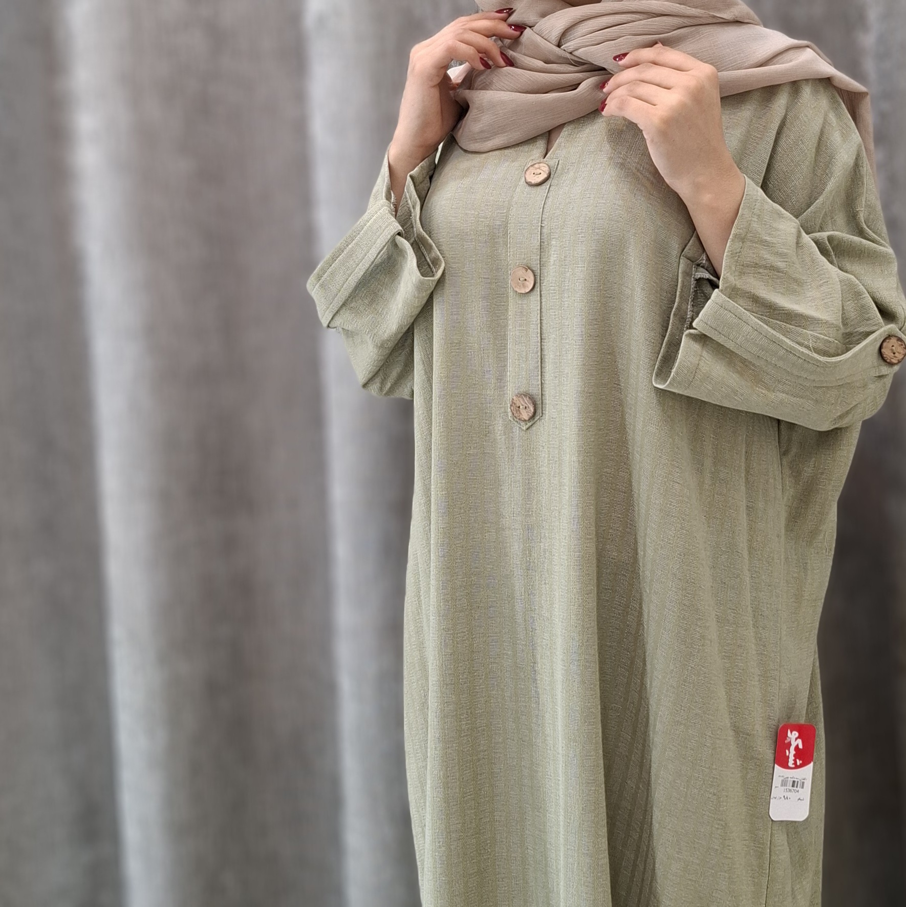 سبز 0 مانتو کفتان سه دکمه چوبی - تصویر 1