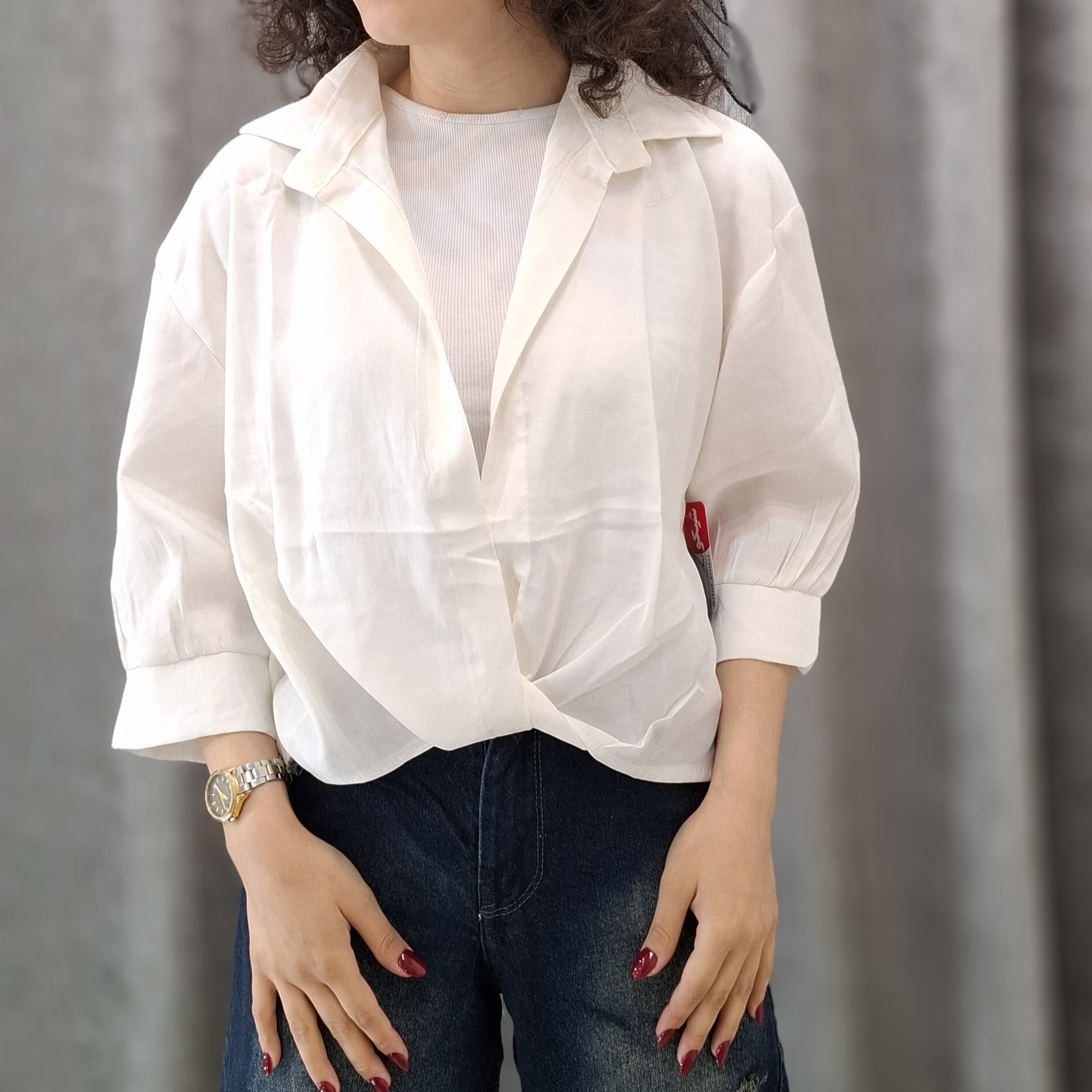 سفید ست مانتو سیلک و تاپ با آستین پفی - تصویر 1