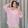 شومیز شیشهای راه راه ریز مدل آستین دکمهدار (یقه مردانه و پایین گرد) (زنانه)