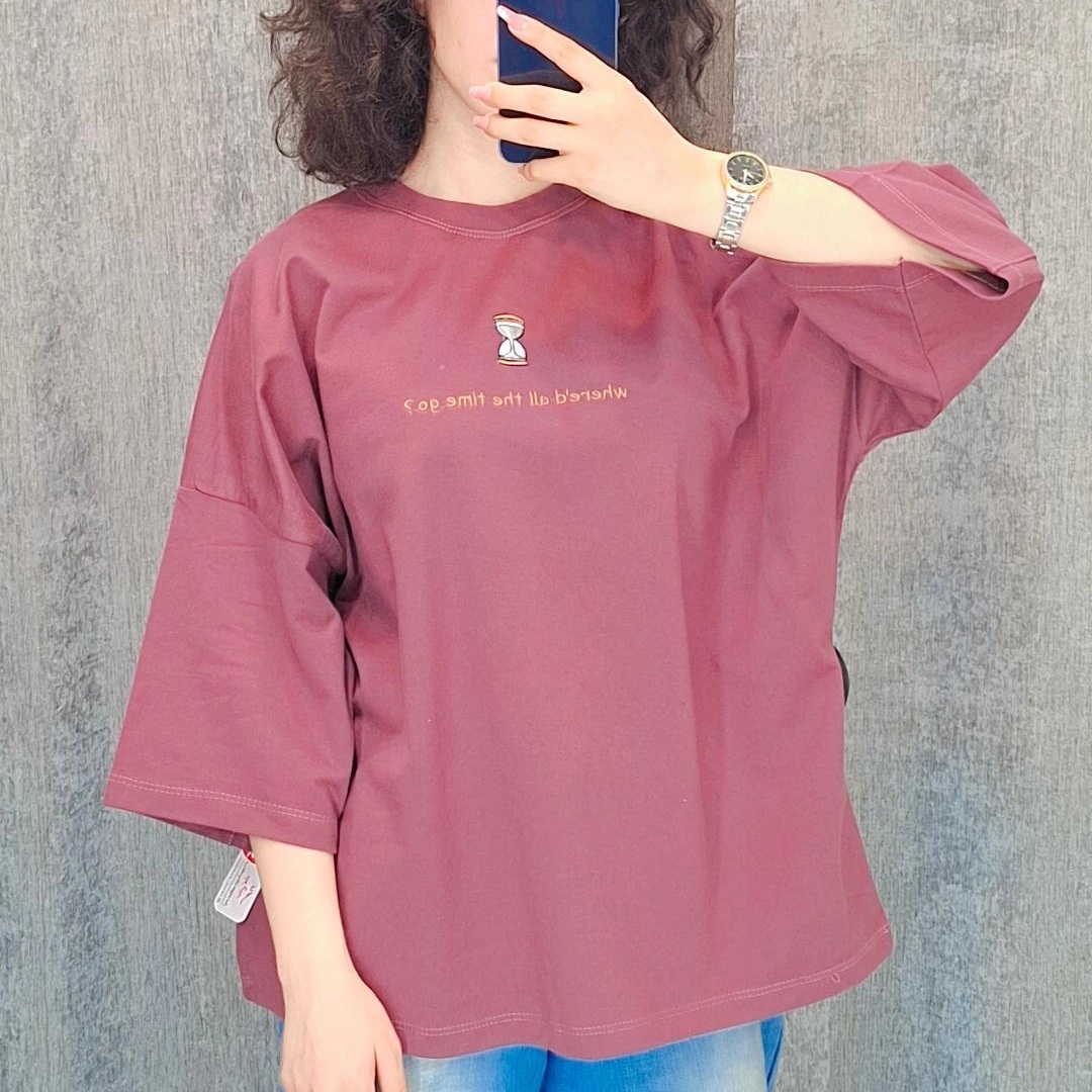 eId:2048498102147889 تیشرت باکسی ماکان طرح ساعت شنی - تصویر 1